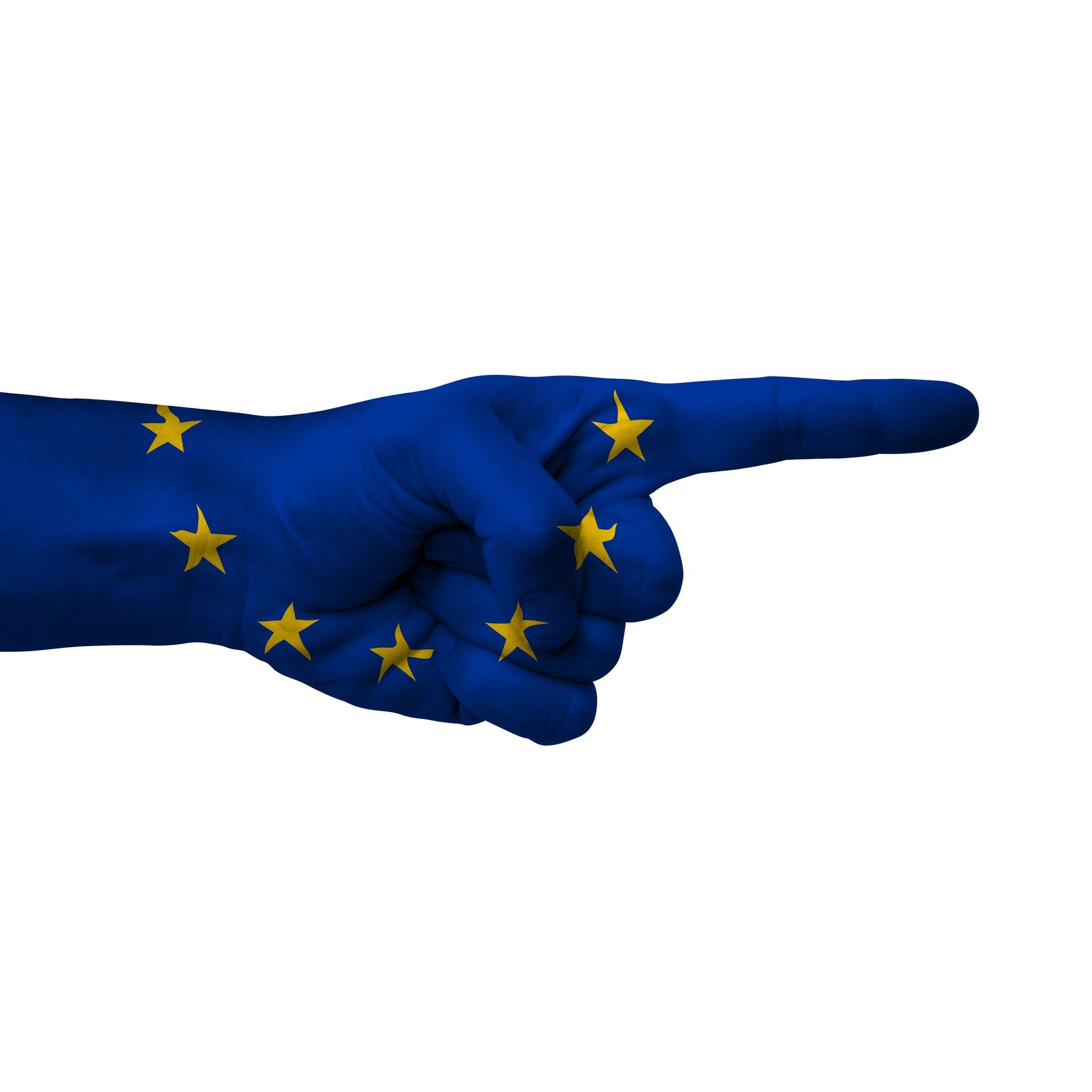 Hand pointing right side, european union painted with flag as symbol of right direction, forward - isolated on white background